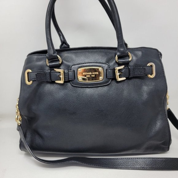 Michael Kors Handbags - Michael Kors MK Hamilton Tote Satchel Black / Gold Belted Bag Pebbled Leather